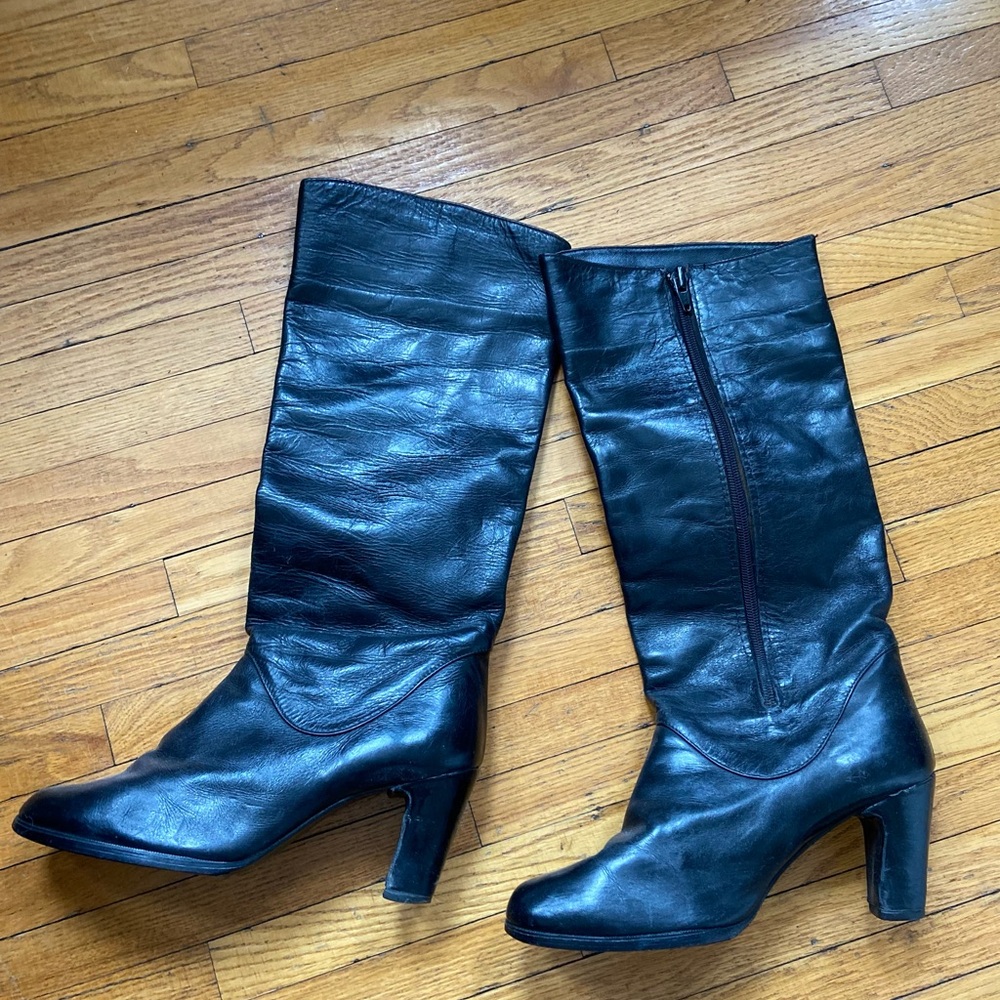 80s Black Leather Knee-High Boots